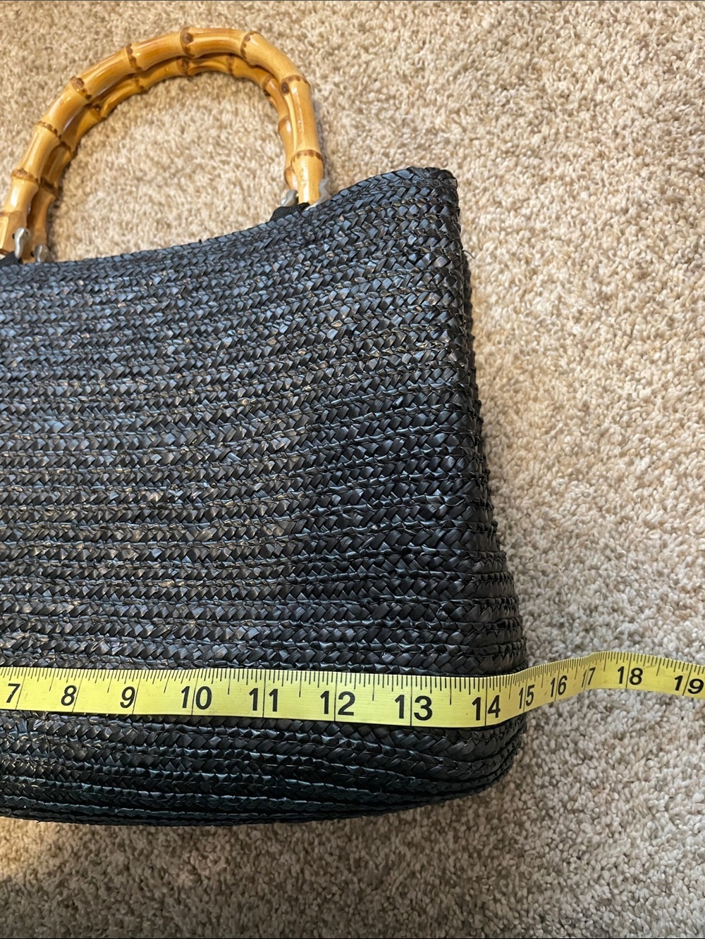 Elegant Black Woven Straw Tote Bag with Bamboo Handles - Picture 9 of 11